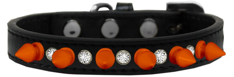 Crystal and Neon Orange Spikes Dog Collar Black Size 12